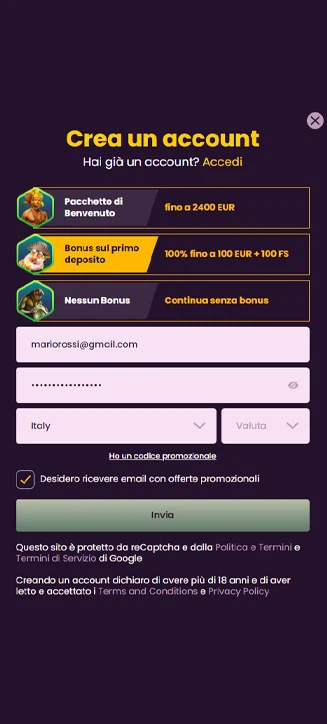 Processo di registrazione di Bizzo Casino su smartphone