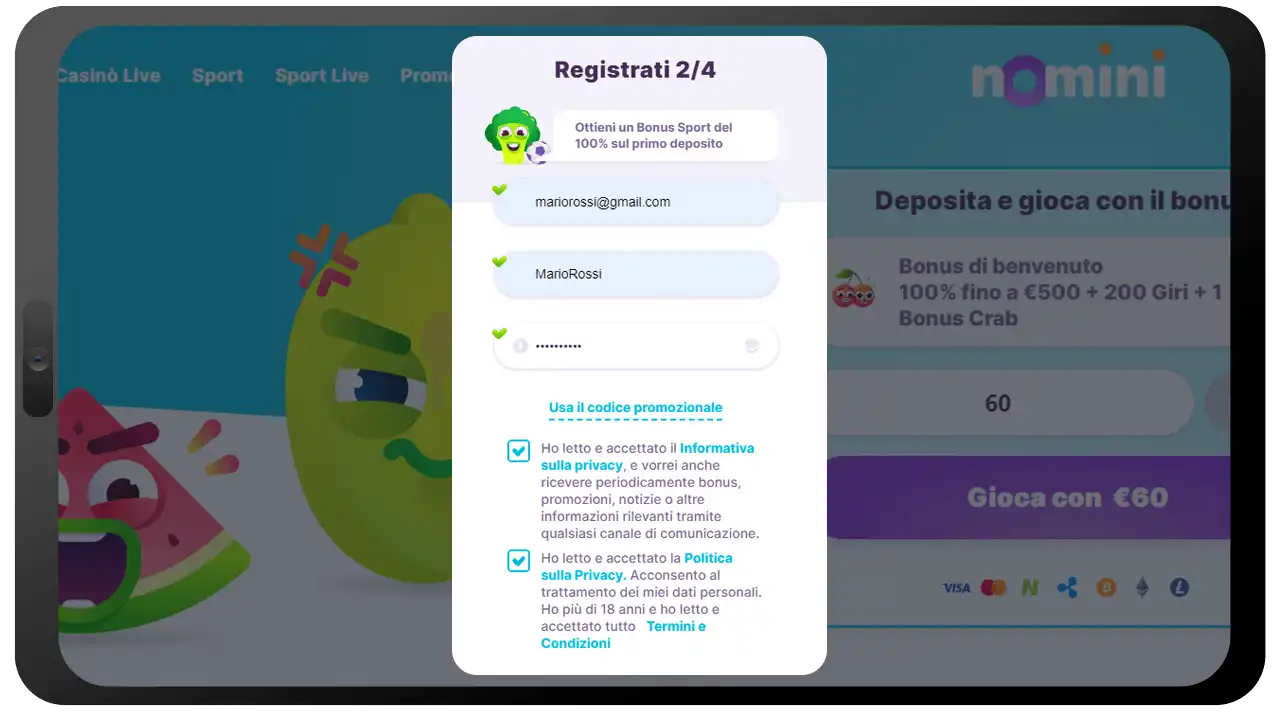 Registrazione su Nomini Casinò