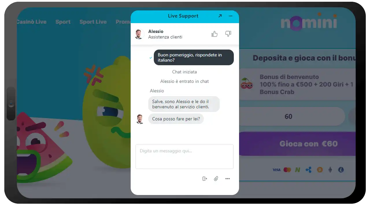 Supporto ai giocatori di Nomini Casinò